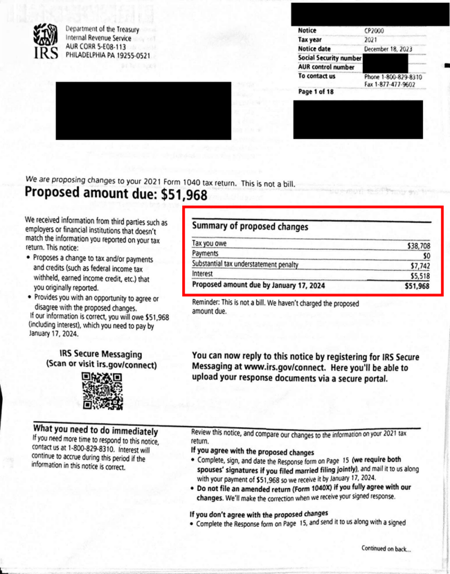 Example of IRS Notice CP2000 related to cryptocurrency trading in 2021. The recipient's contact information is blocked out, while key information is highlighted in a red box. The notice shows a proposed amount due of $51,968. This amount includes tax, penalties, and interest.