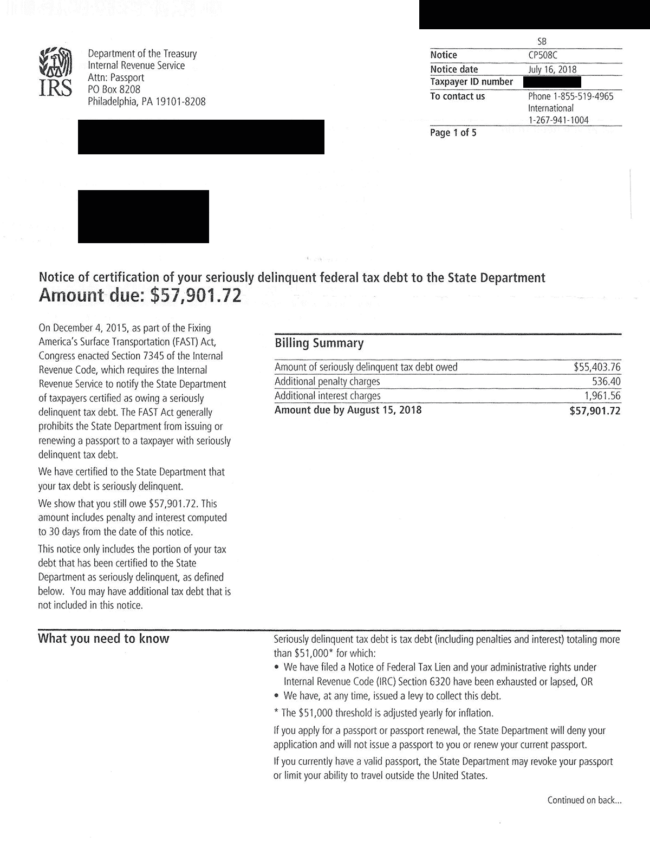 Real-life example of IRS Notice CP508C for "seriously delinquent" tax debt. Large text reads, "Amount due: $57,901.72." It shows a breakdown of the amount of tax, penalties, and interest owed. At the bottom of page 1 is a section titled "What you need to know." 