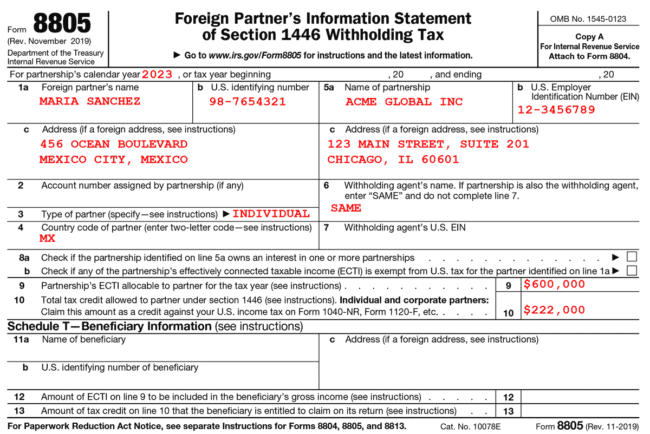 Example of a completed IRS Form 8805, used to report Section 1446 withholding. This example shows a Mexican citizen who owns 30% of a U.S. company.