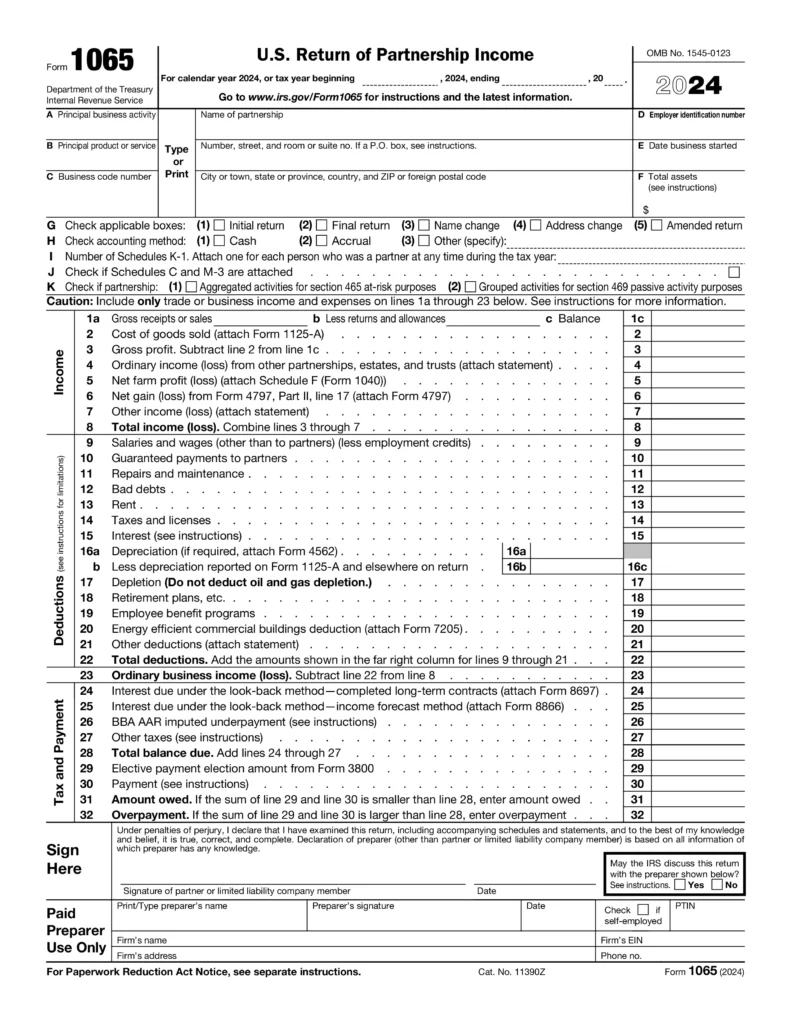 Page 1 of IRS Form 1065, U.S. Return of Partnership Income.